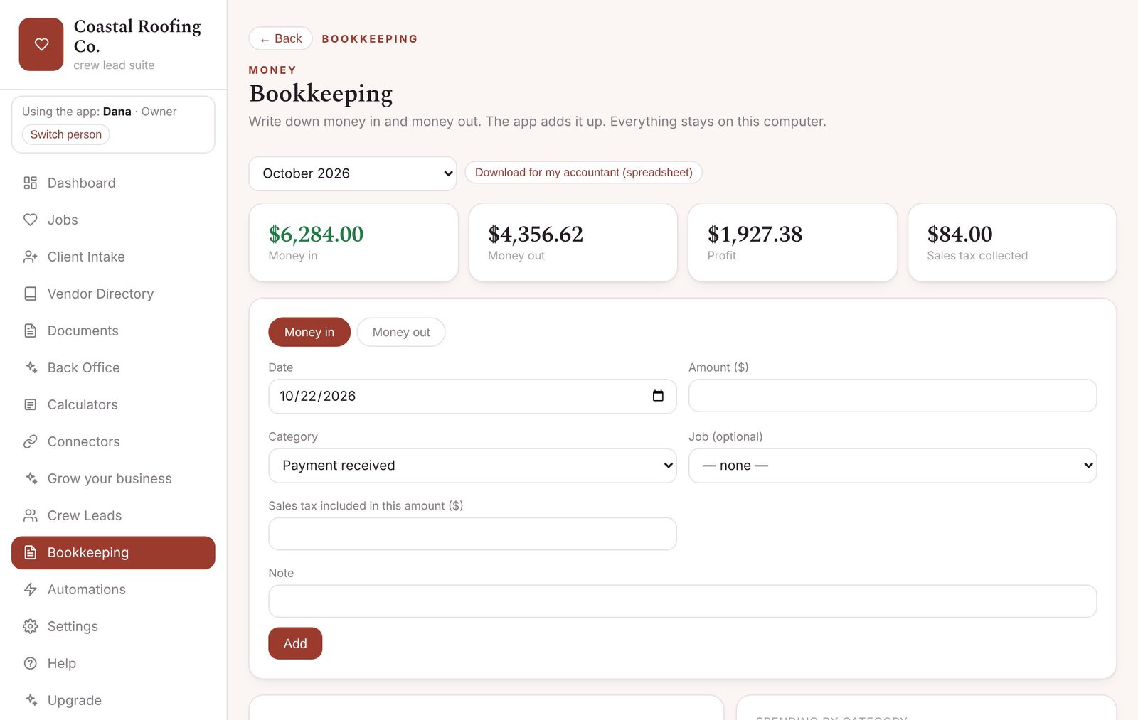Bookkeeping basics — screenshot from the Roofing Contractor app