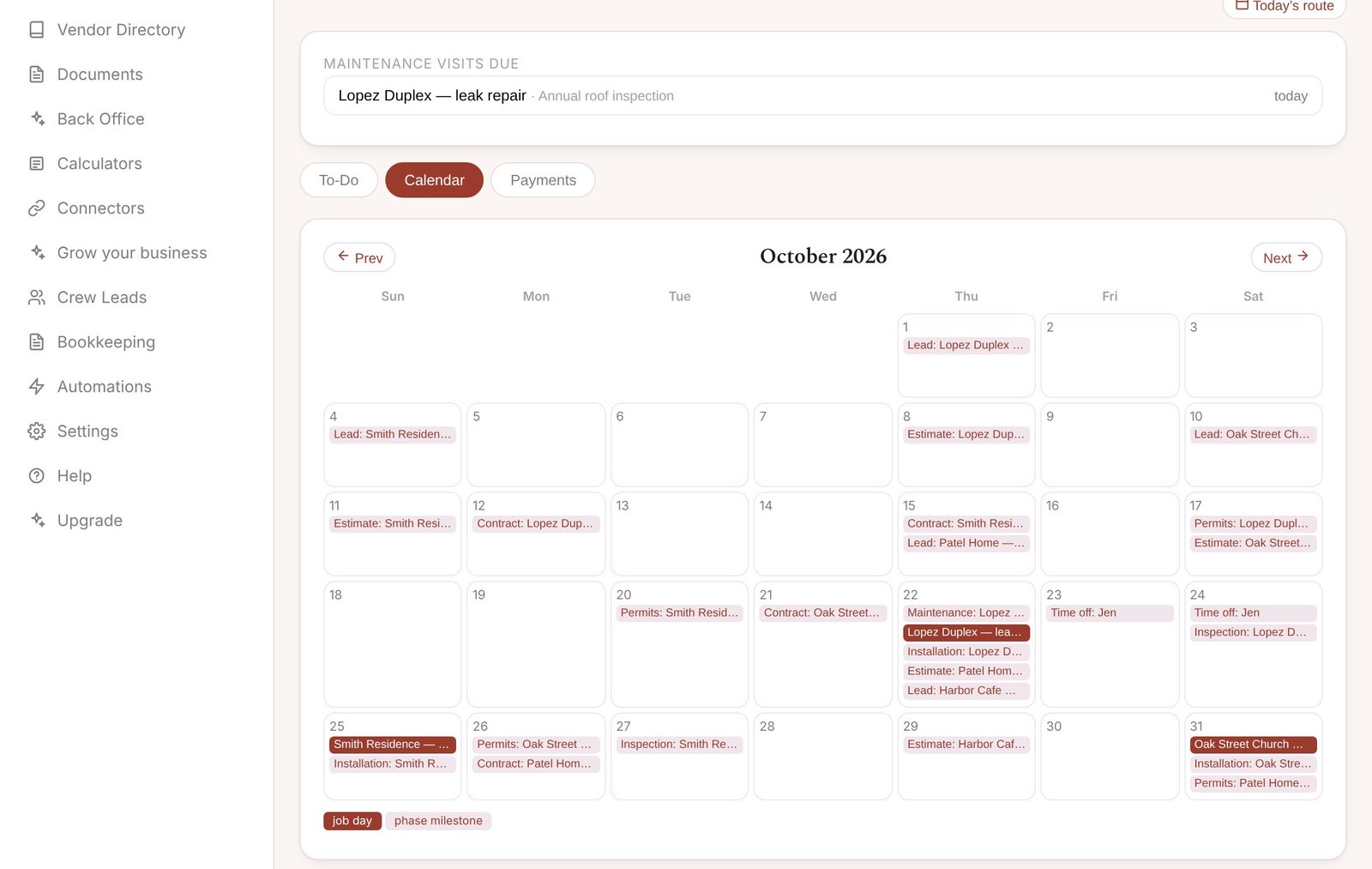 Calendar — screenshot from the Roofing Contractor app