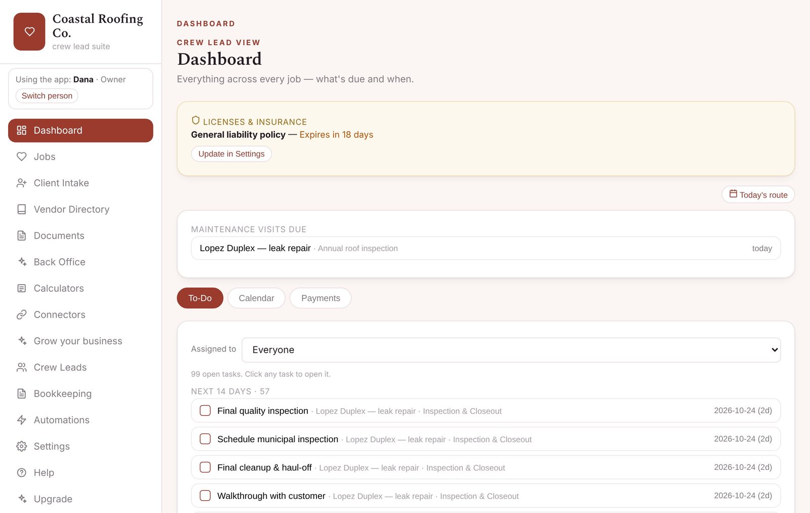 Everything due, in one place — screenshot from the Roofing Contractor app