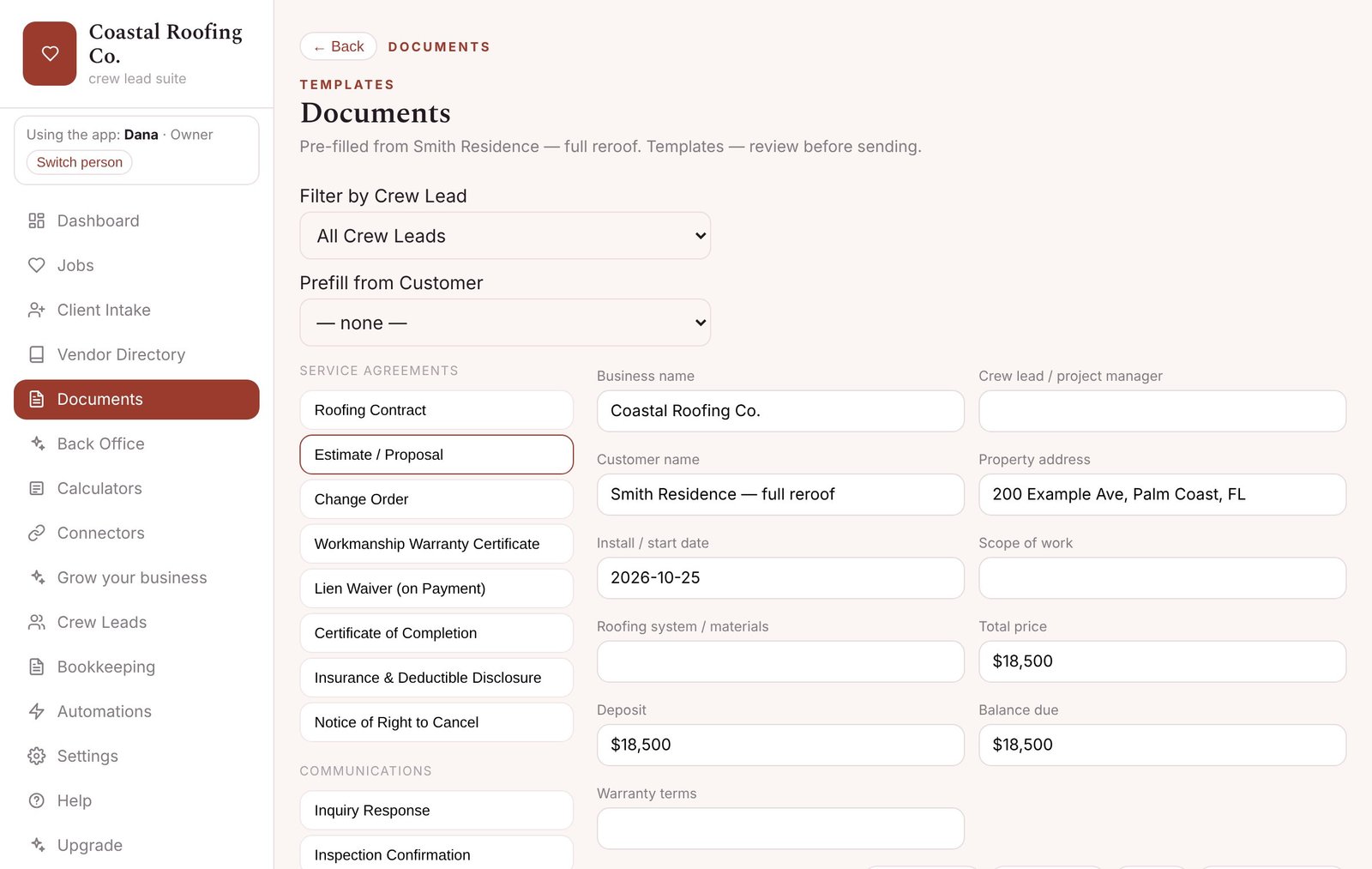 Paperwork for your trade — screenshot from the Roofing Contractor app