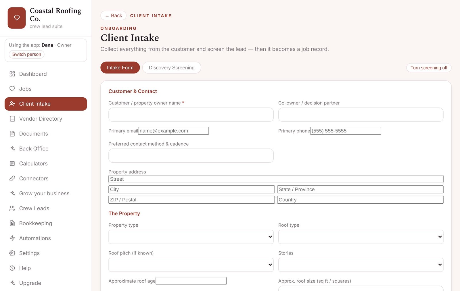 New customer in one form — screenshot from the Roofing Contractor app