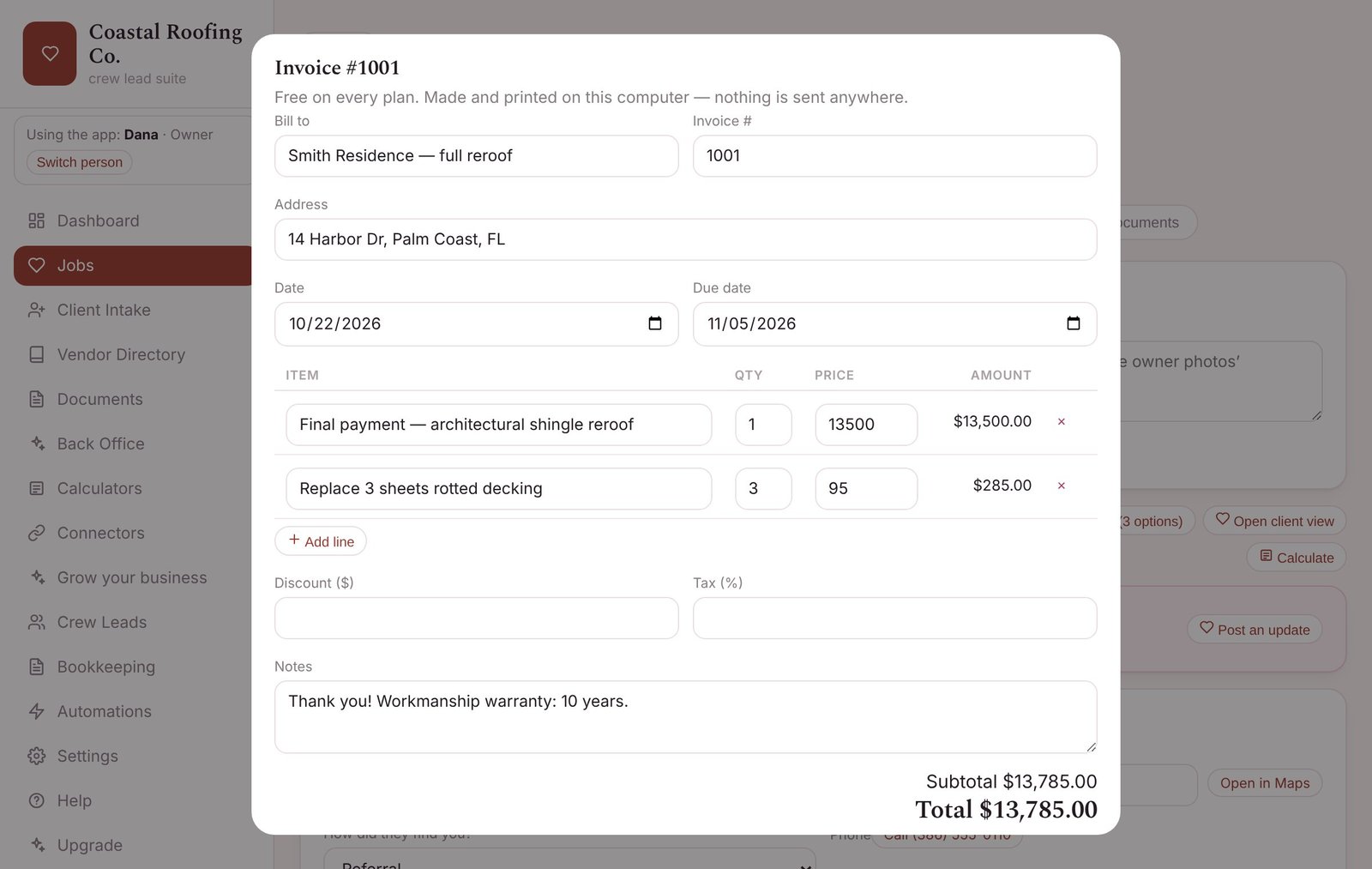 Invoices you can print — screenshot from the Roofing Contractor app