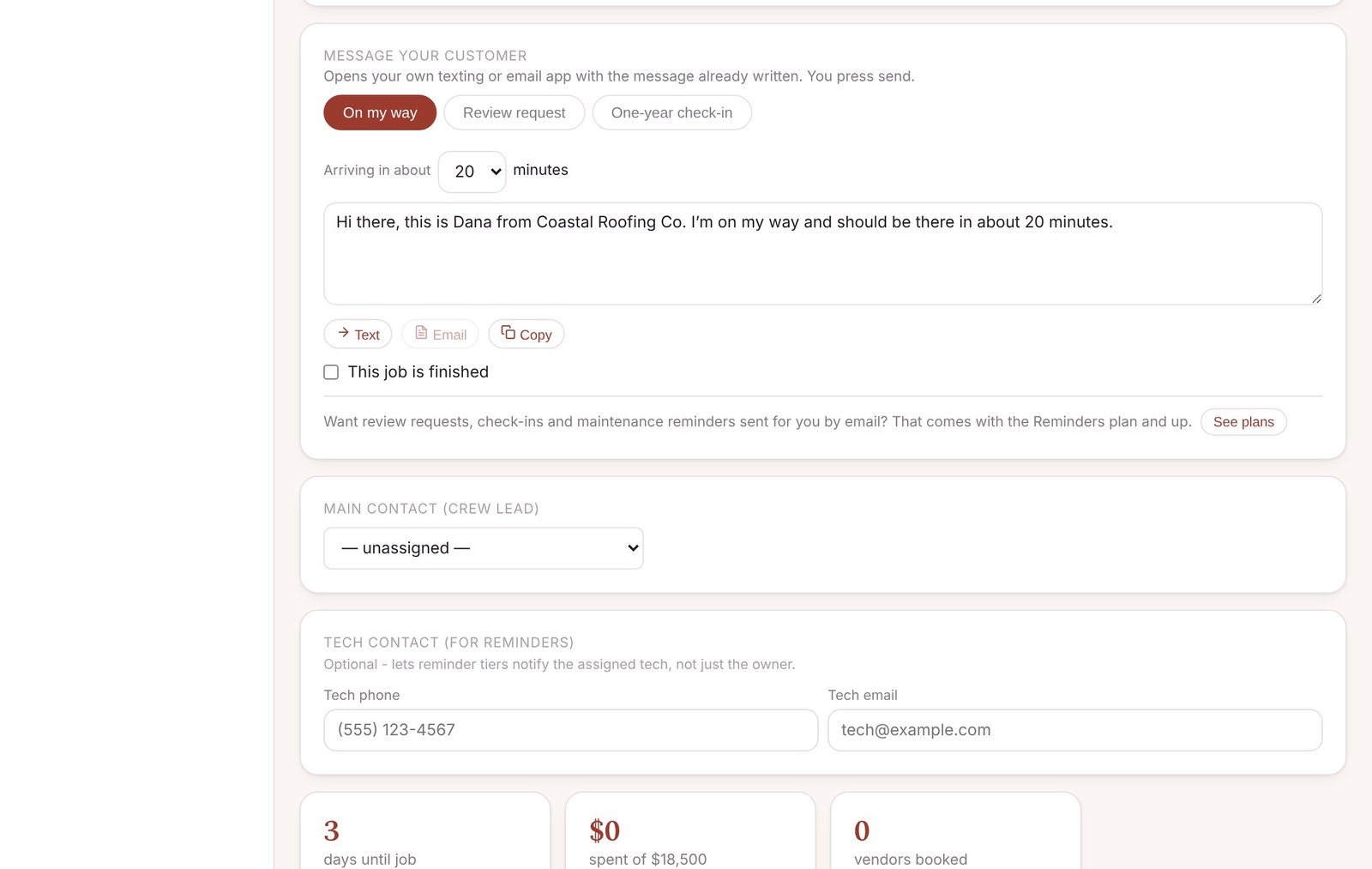Message your customer, screenshot from the Roofing Contractor app