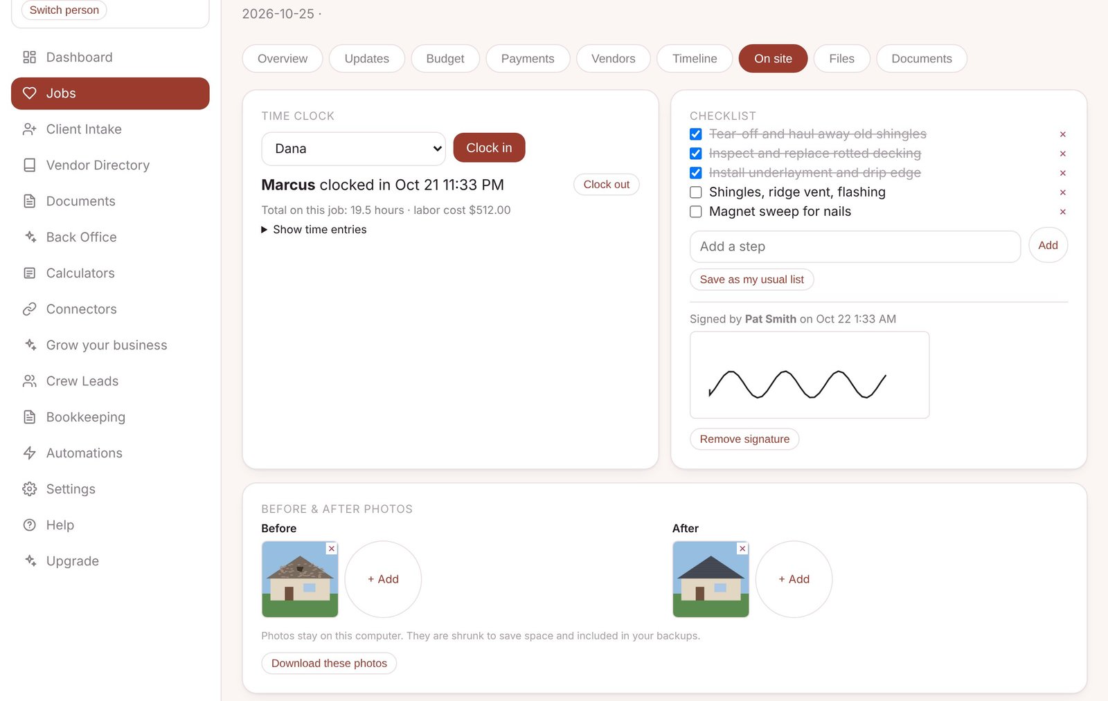 On the job site — screenshot from the Roofing Contractor app