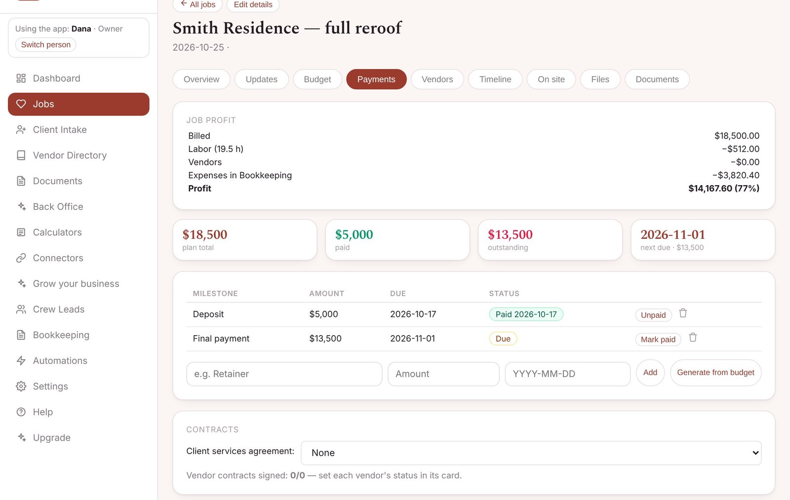 Know what each job made — screenshot from the Roofing Contractor app