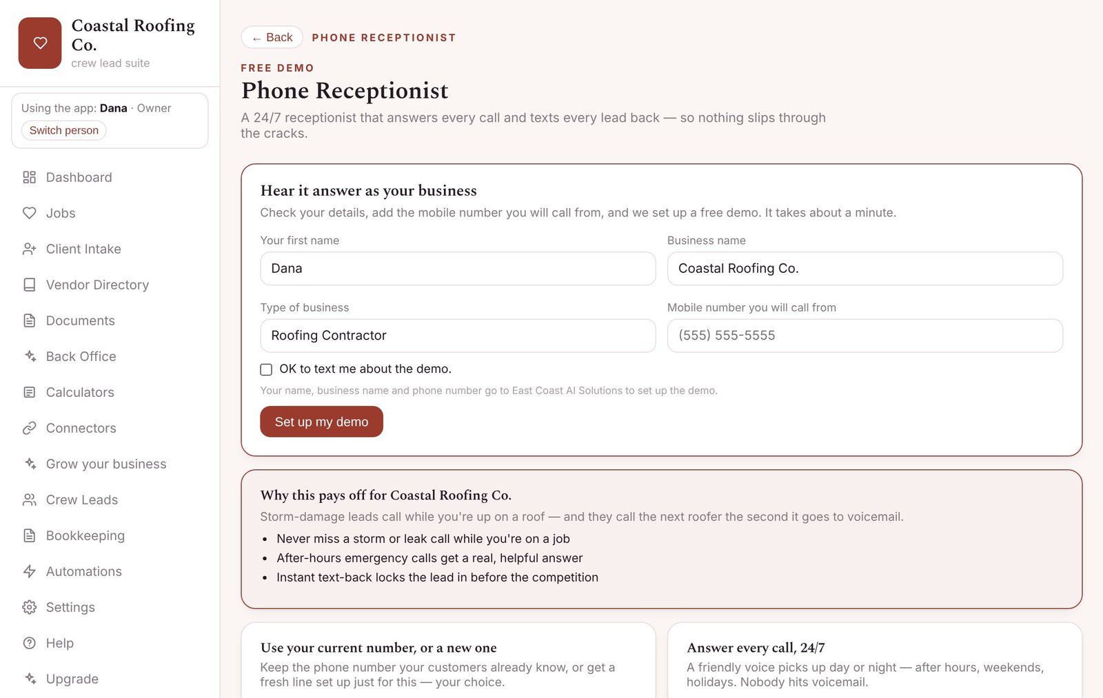 Try an AI receptionist on your own phone — screenshot from the Roofing Contractor app