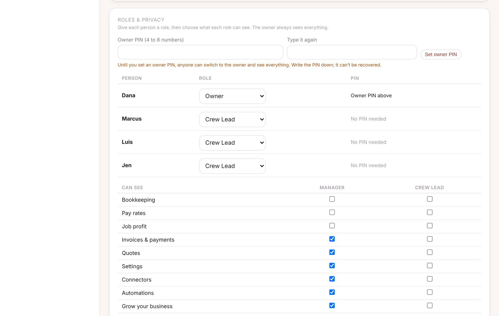 Owners see everything. Employees see their work. — screenshot from the Roofing Contractor app